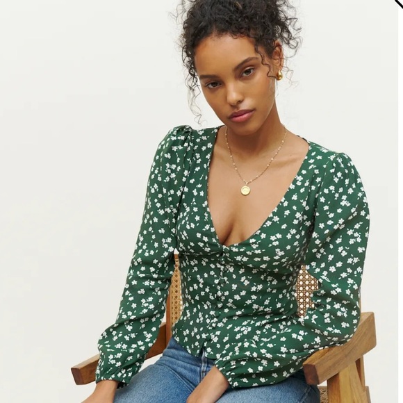 Reformation Green With Cream Flowers “Nell” Top Size Small - Picture 2 of 12